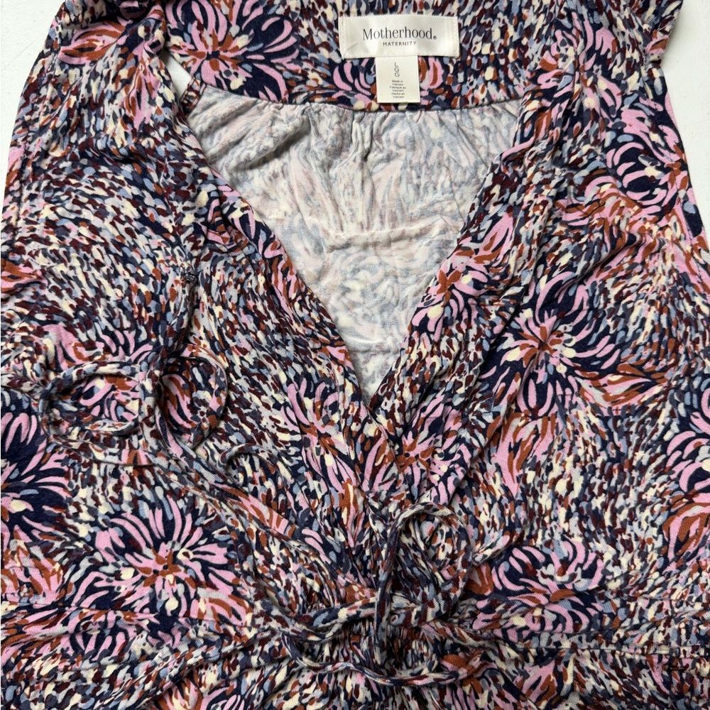 Motherhood Maternity Navy Floral Wrap Dress with Pink & Rust Accents